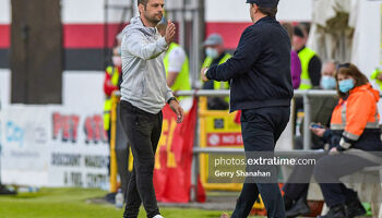 John Martin pictured when Longford Town assistant manager greeting then Waterford boss manager Marc Bircham in June 2021
