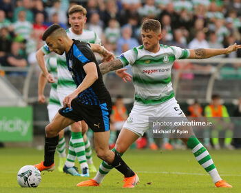 Shamrock Rovers' Lee Grace tackles Apollon Limassol's Ioannis Pittas during the Hoops' 2-1 Europa League victory at Tallaght Stadium On July 25, 2019.