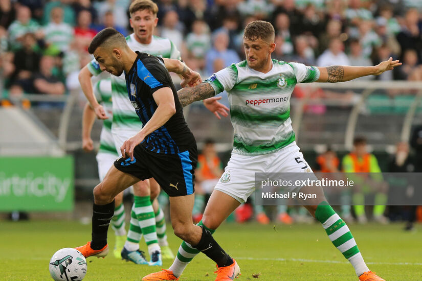 Shamrock Rovers' Lee Grace tackles Apollon Limassol's Ioannis Pittas during the Hoops' 2-1 Europa League victory at Tallaght Stadium On July 25, 2019.