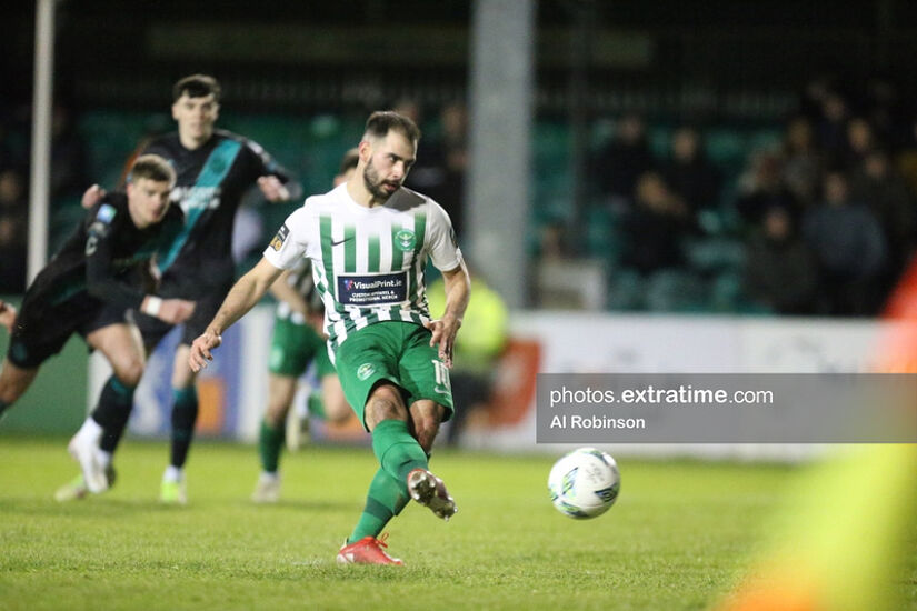 Conor Davis slotting home Bray's opener in  their 2-1 win over Shamrock Rovers