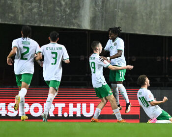 Mason Melia of Republic of Ireland, centre, celebrates with teammates after scoring their side's second goal during the UEFA European Under-17 Championship Finals 2023 Group A match between Republic of Ireland and Hungary in the Pancho Arena on May 23, 20