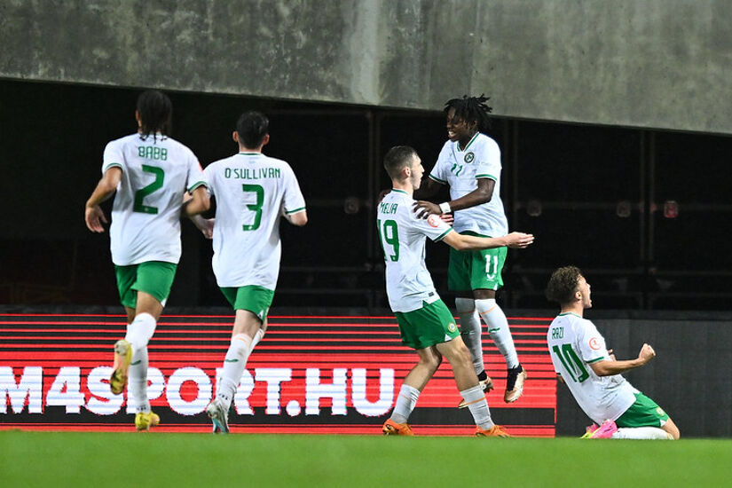 Mason Melia of Republic of Ireland, centre, celebrates with teammates after scoring their side's second goal during the UEFA European Under-17 Championship Finals 2023 Group A match between Republic of Ireland and Hungary in the Pancho Arena on May 23, 20