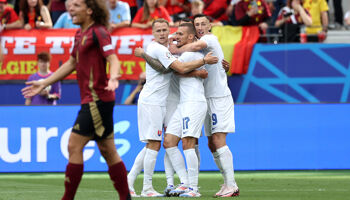 Ivan Schranz of Slovakia celebrates scoring his team's first goal with teammates during the UEFA EURO 2024 group stage match between Belgium and Slovakia at Frankfurt Arena on June 17, 2024 in Frankfurt