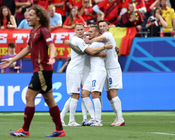 Ivan Schranz of Slovakia celebrates scoring his team's first goal with teammates during the UEFA EURO 2024 group stage match between Belgium and Slovakia at Frankfurt Arena on June 17, 2024 in Frankfurt