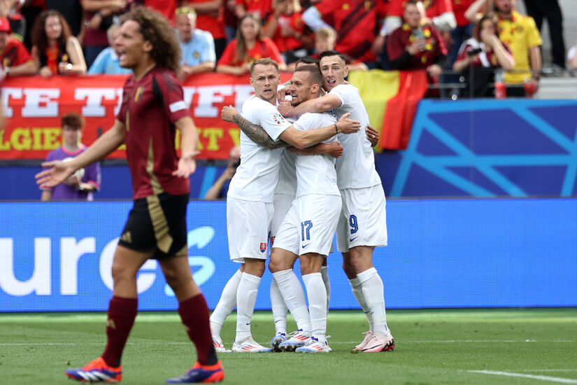 Ivan Schranz of Slovakia celebrates scoring his team's first goal with teammates during the UEFA EURO 2024 group stage match between Belgium and Slovakia at Frankfurt Arena on June 17, 2024 in Frankfurt