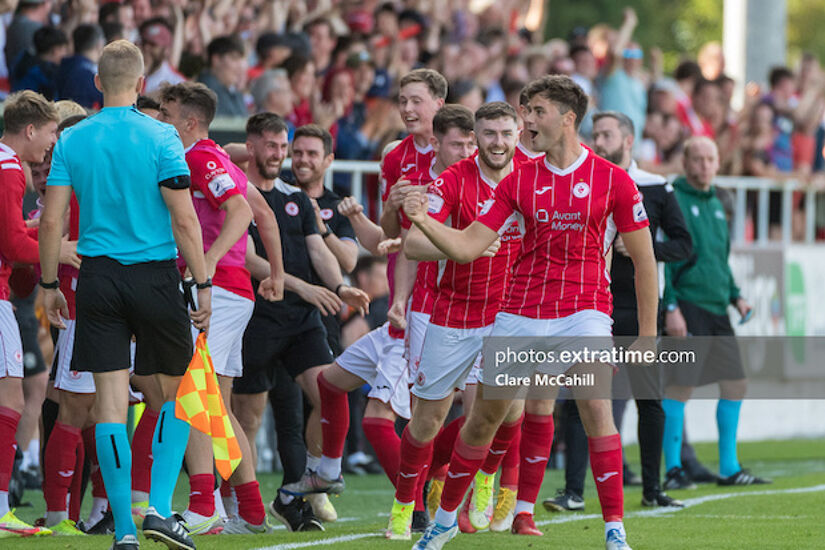 Celebration time at the Showgrounds after Shane Blaney’s free kick goal against Motherwell