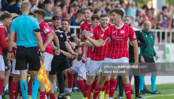Celebration time at the Showgrounds after Shane Blaney’s free kick goal against Motherwell