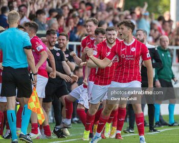 Celebration time at the Showgrounds after Shane Blaney’s free kick goal against Motherwell