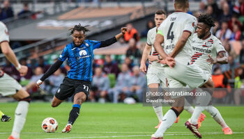 Ademola Lookman of Atalanta BC shoots for his team’s second goal during the UEFA Europa League Final between Atalanta BC and Bayer Leverkusen at Dublin Arena, Dublin, Republic of Ireland