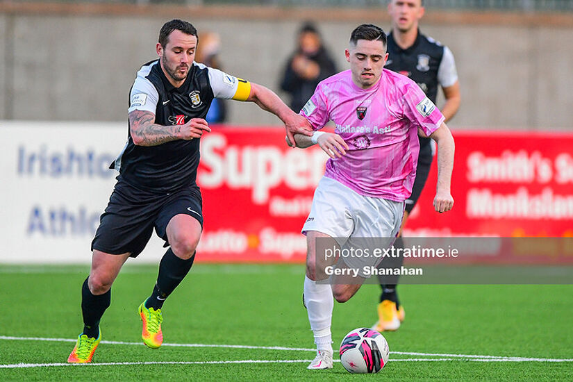 Kurtis Byrne of Athlone Town (left) and Conor Crowley of Wexford FC, during the Athlone Town v Wexford FC, Eirtricity, 1st Division match at Athlone Town Stadium in 2021