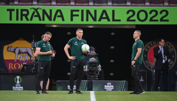 Referee István Kovács, centre, took charge of the UEFA Conference League Final 2021/22 between AS Roma and Feyenoord at Arena Kombëtare on May 25, 2022 in Tirana, Albania. He will officiate this month’s Europa League Final in Dublin.