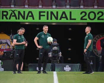 Referee István Kovács, centre, took charge of the UEFA Conference League Final 2021/22 between AS Roma and Feyenoord at Arena Kombëtare on May 25, 2022 in Tirana, Albania. He will officiate this month’s Europa League Final in Dublin.