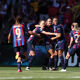 Patri Guijarro of FC Barcelona celebrates with teammates after scoring the team's first goal during the UEFA Women's Champions League final match between FC Barcelona and VfL Wolfsburg at PSV Stadion on June 03, 2023 in Eindhoven, Netherlands.