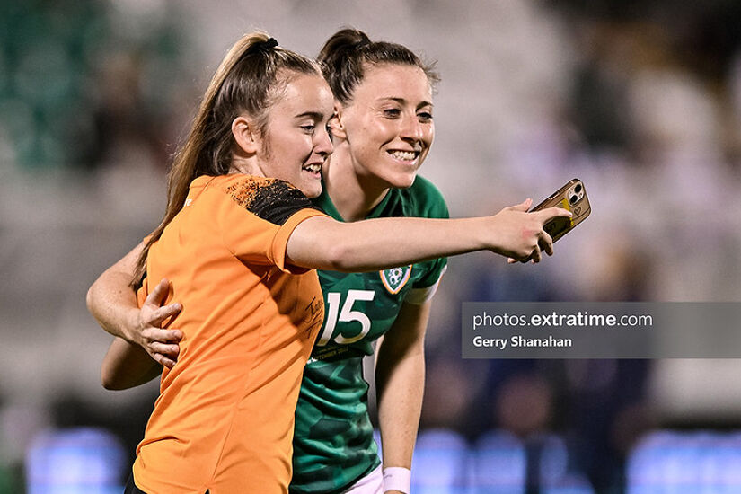 Young fan has a selfie taken with Republic of Ireland's Lucy Quinn, after her team qualified for the World Cup playoff's for the first time after beating Finland at Tallaght Stadium, Dublin, Ireland.