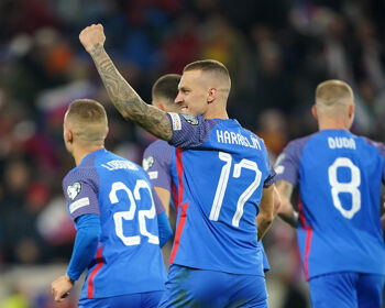 Lukas Haraslin of Slovakia celebrates after scoring the team's third goal during the UEFA EURO 2024 European qualifier match between Slovakia and Iceland