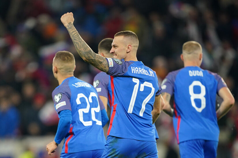 Lukas Haraslin of Slovakia celebrates after scoring the team's third goal during the UEFA EURO 2024 European qualifier match between Slovakia and Iceland
