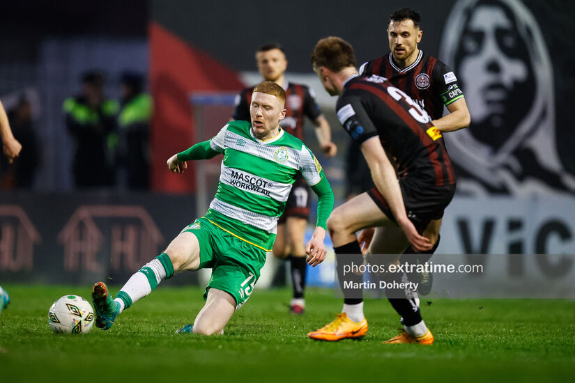 Shamrock Rovers' Darragh Nugent slides in to the ball against Bohemians in Dalymount Park in the 1-1 draw between the sides on Friday 3rd May