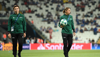 Michelle O'Neill (left) and referee Stephanie Frappart ahead of the UEFA Super Cup match between Liverpool and Chelsea in Istanbul in August 2019