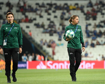 Michelle O'Neill (left) and referee Stephanie Frappart ahead of the UEFA Super Cup match between Liverpool and Chelsea in Istanbul in August 2019