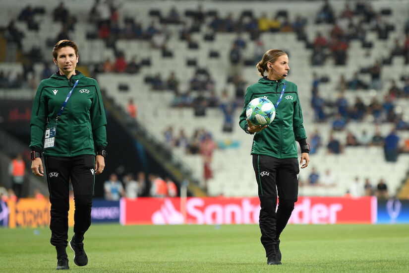 Michelle O'Neill (left) and referee Stephanie Frappart ahead of the UEFA Super Cup match between Liverpool and Chelsea in Istanbul in August 2019