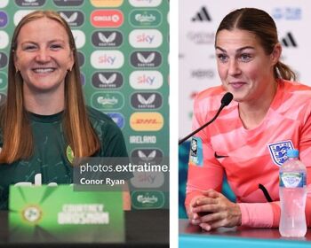 Courtney Brosnan pictured at Ireland's pre-World Cup media day and Mary Earps speaking to the media in the post match press conference after the FIFA Women's World Cup 2023 match between England and Nigeria in Brisbane