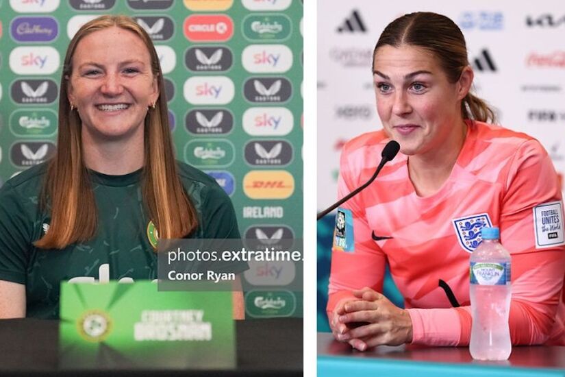 Courtney Brosnan pictured at Ireland's pre-World Cup media day and Mary Earps speaking to the media in the post match press conference after the FIFA Women's World Cup 2023 match between England and Nigeria in Brisbane