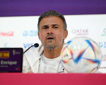 DOHA, QATAR - NOVEMBER 22: Luis Enrique, Head Coach of Spain, speaks during the Spain Press Conference at Main Media Center on November 22, 2022 in Doha, Qatar. (Photo by Mike Hewitt - FIFA/FIFA via Getty Images)