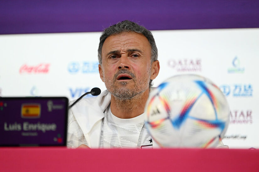 DOHA, QATAR - NOVEMBER 22: Luis Enrique, Head Coach of Spain, speaks during the Spain Press Conference at Main Media Center on November 22, 2022 in Doha, Qatar. (Photo by Mike Hewitt - FIFA/FIFA via Getty Images)