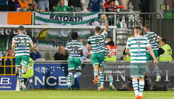 Shamrock Rovers celebrate Andy Lyons' winner against Ferencvaros in the second leg of their Europa League play-off in Tallaght