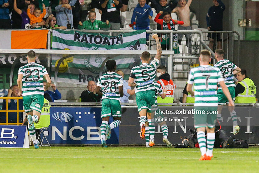 Shamrock Rovers celebrate Andy Lyons' winner against Ferencvaros in the second leg of their Europa League play-off in Tallaght