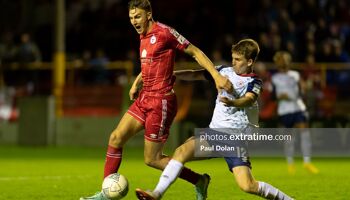 St Patrick's Athletic's Harry Brockbank tackles Shelbourne's Sean Byrne dring the side meeting on Monday, 3 October 2022.