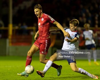 St Patrick's Athletic's Harry Brockbank tackles Shelbourne's Sean Byrne dring the side meeting on Monday, 3 October 2022.