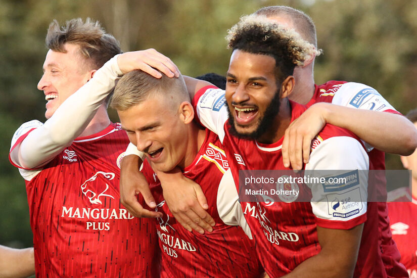 Thijs Timmermans of St. Patrick’s Athletic (centre) celebrates his goal with Chris Forrester (left) and Barry Cotter (right)