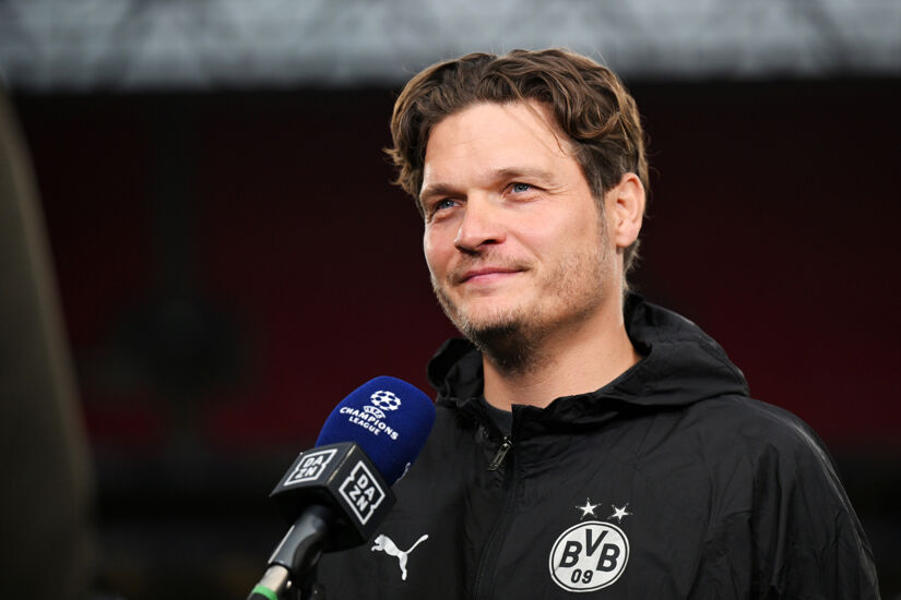 Edin Terzic, Head Coach of Borussia Dortmund, speaks to the media prior to a Borussia Dortmund Training Session ahead of their UEFA Champions League 2023/24 Final match against Real Madrid CF at Wembley Stadium on May 31, 2024