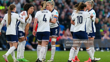 England players celebrate scoring against Ireland in their 2-0 win in the Aviva Stadium in their EURO 2025 qualifier