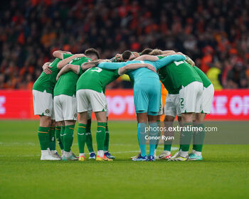 Republic of Ireland team huddle against the Netherlands in Amsterdam in their final Euro 2024 qualifier
