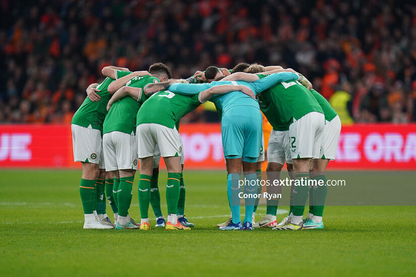 Republic of Ireland team huddle against the Netherlands in Amsterdam in their final Euro 2024 qualifier