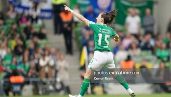 Lucy Quinn, pictured celebrating against Northern Ireland in the Aviva, grabbed the Girls in Green's first goal in Belfast on Tuesday evening