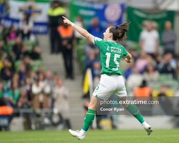 Lucy Quinn, pictured celebrating against Northern Ireland in the Aviva, grabbed the Girls in Green's first goal in Belfast on Tuesday evening