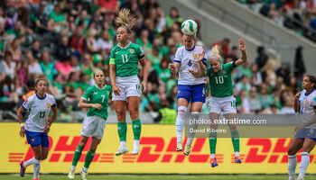 Amandine Henry of France disputes possession of the ball with Denise O'Sullivan of Ireland during the UEFA EURO 2025 Qualifier between the Republic of Ireland and France played at Páirc Uí Chaoimh, Cork, Ireland.