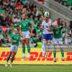 Amandine Henry of France disputes possession of the ball with Denise O'Sullivan of Ireland during the UEFA EURO 2025 Qualifier between the Republic of Ireland and France played at Páirc Uí Chaoimh, Cork, Ireland.