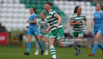 Jamie Thompson celebrates scoring from the penalty spot against Peamount United