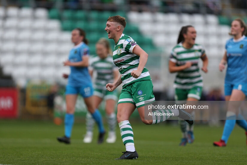 Jamie Thompson celebrates scoring from the penalty spot against Peamount United