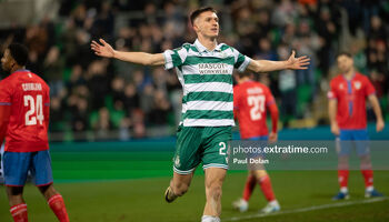 Shamrock Rovers Johnny Kenny celebrates the first of his two goals v FC Borac Banja Luka in the Conference League at Tallaght Stadium on 12 December 2024