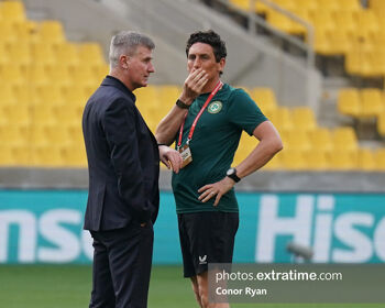 Stephen Kenny Republic of Ireland Manager and Keith Andrews Republic of Ireland Assistant Manager survey the OPAP Arena Stadium prior to the game