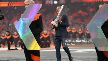 Final ambassador John O’Shea brings the Europa League Trophy onto the pitch prior to the 2024 UEFA Europa League Final between Atalanta BC (ITA) vs Bayer 04 Leverkusen (GER) on May 22, 2024 in the Dublin Arena, Ireland.