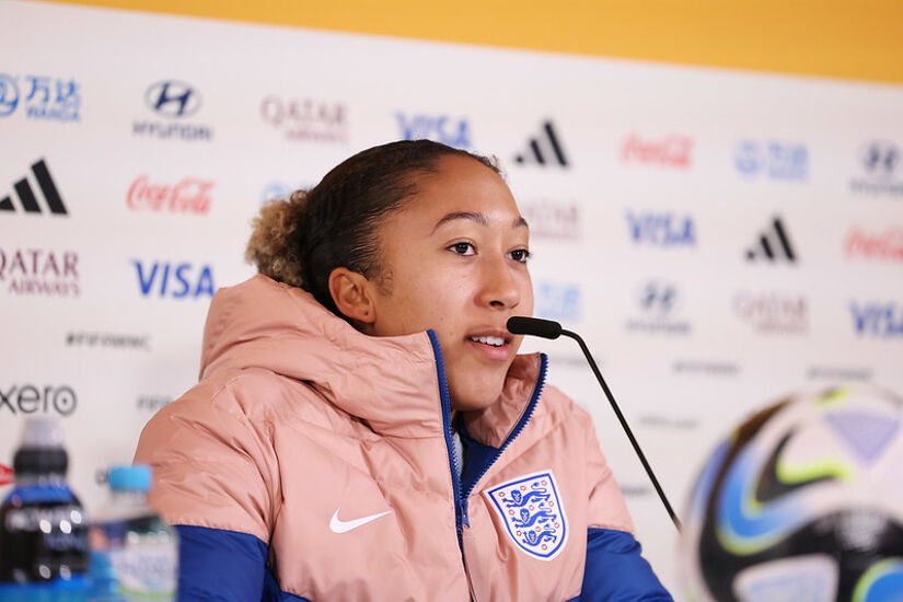 Lauren James of England speaks to the media in the post match press conference after their team advanced to the knockouts during the FIFA Women's World Cup Australia & New Zealand 2023 Group D match between China and England