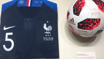 Samuel Umtiti's jersey from the last World Cup and the kick-off ball from the final his team won in Russia