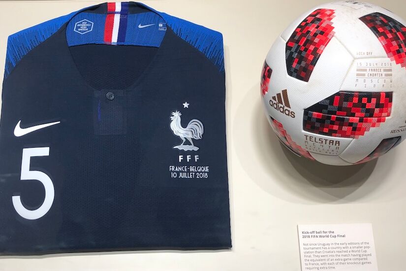 Samuel Umtiti's jersey from the last World Cup and the kick-off ball from the final his team won in Russia