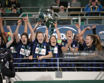Athlone Town captain Laurie Ryan lifting the Women's FAI Cup in Tallaght